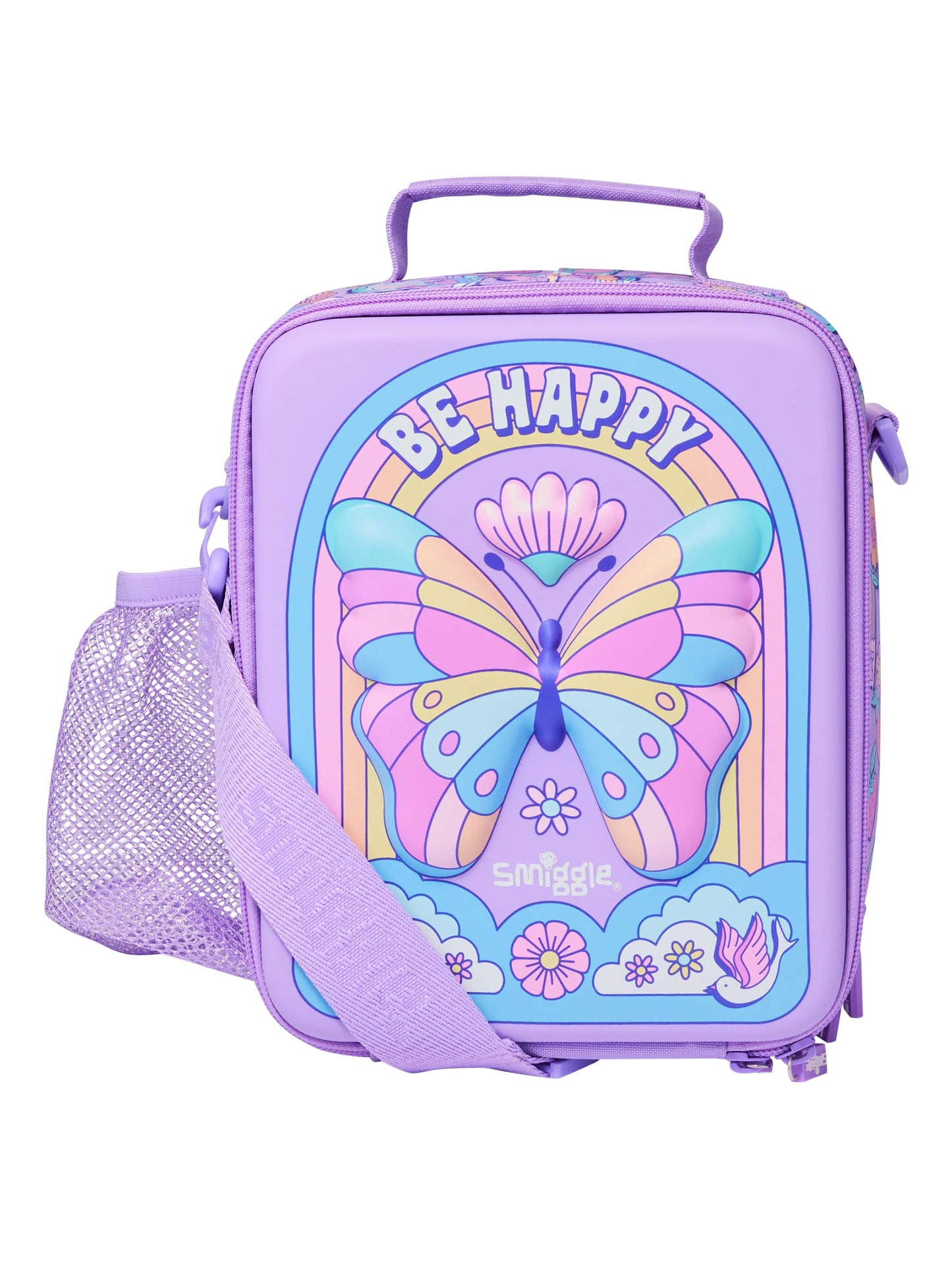 Smiggle Lilac Butterfly Bag 17 inch + Hardtop Lunch Bag Double Decker With Stap