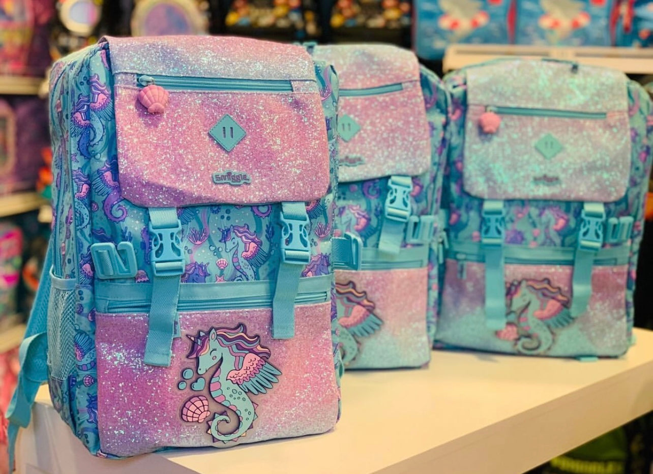 Smiggle Blue Epic Seahorse 18 inch backpack + Lunch Bag Double Decker