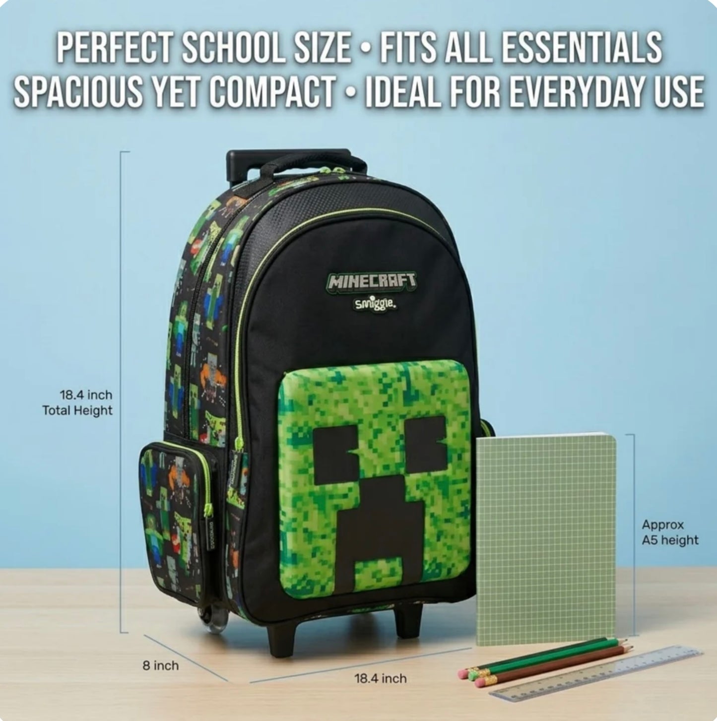 Smiggle Minecraft Trolley 18 inch with LED lights School bag