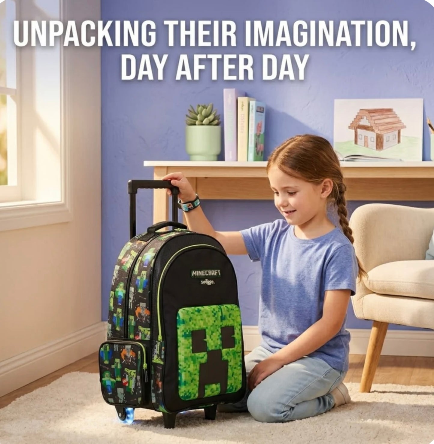Smiggle Minecraft Trolley 18 inch with LED lights School bag