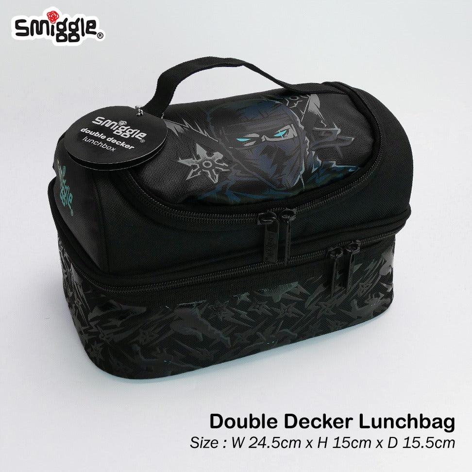 Smiggle Black Ninja 17 inch Backpack + Lunch bag Double Decker