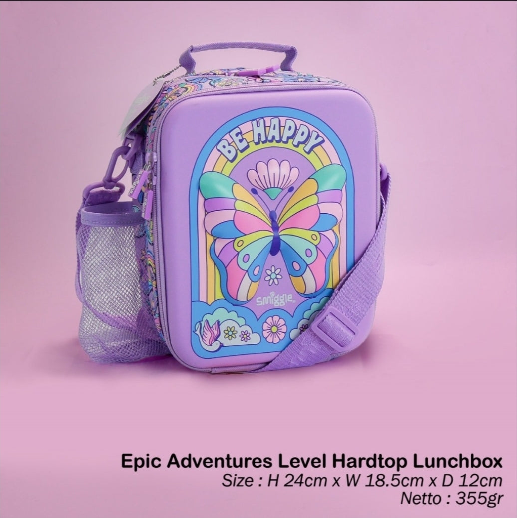 Smiggle Lilac Butterfly 18 inch Backpack + Hard Top Lunch Bag