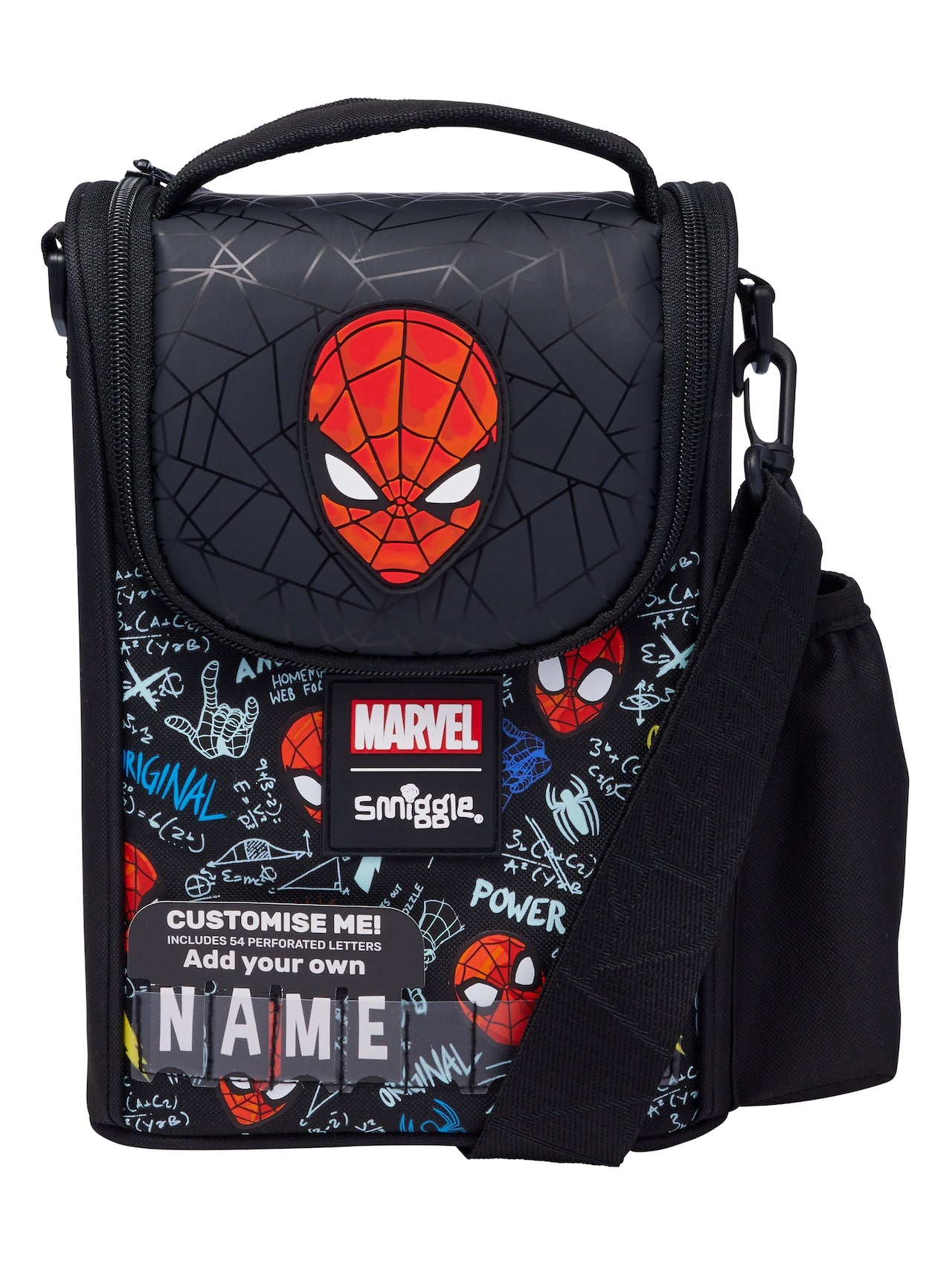 Smiggle Spider Man Lunch Bag with Personalised Name Panel & Adjustable Shoulder Strap – Black