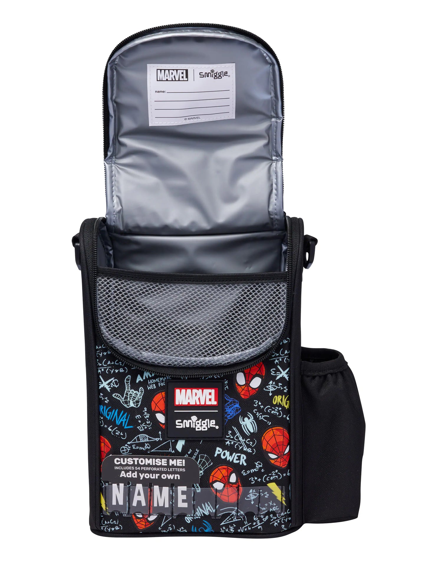 Smiggle Spider Man Lunch Bag with Personalised Name Panel & Adjustable Shoulder Strap – Black