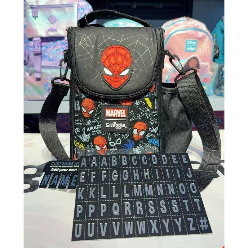 Smiggle Spider Man Lunch Bag with Personalised Name Panel & Adjustable Shoulder Strap – Black