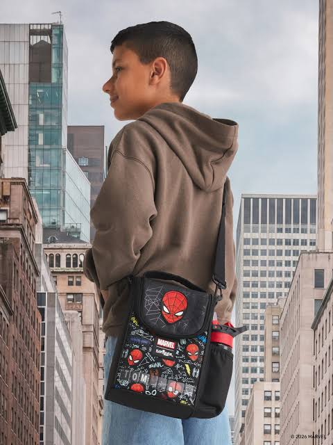 Smiggle Spider Man Lunch Bag with Personalised Name Panel & Adjustable Shoulder Strap – Black